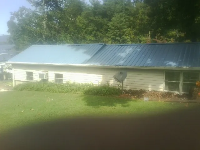 Blue metal roof running the length of a single story home in Roslyn